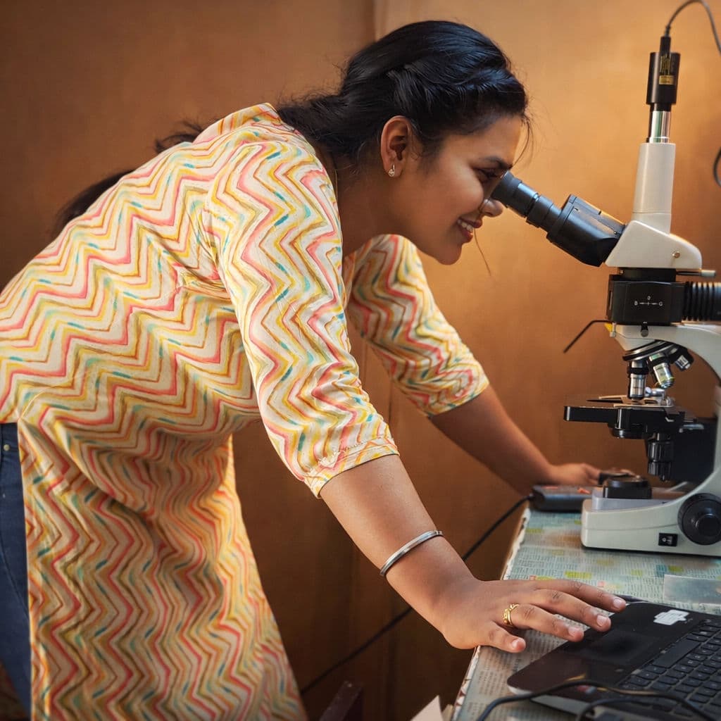 Close-up of a researcher using a binocular microscope