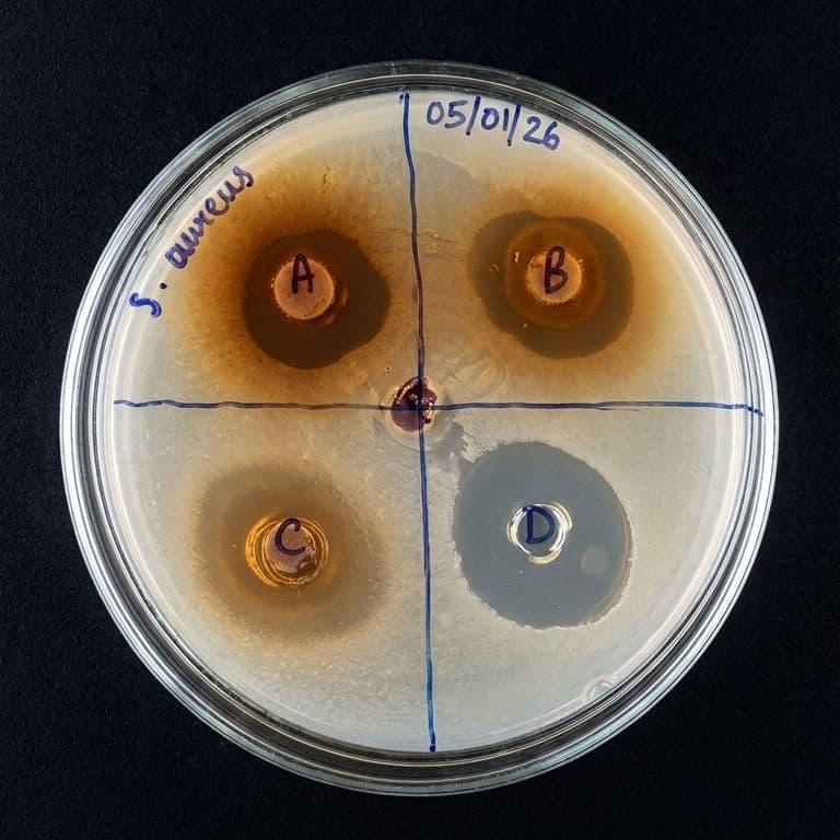 Microbial colonies on a Petri dish in a laboratory setting