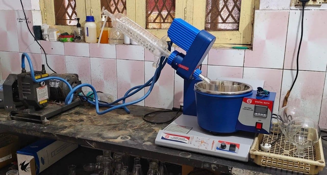 Analytical laboratory equipment set up on a workbench